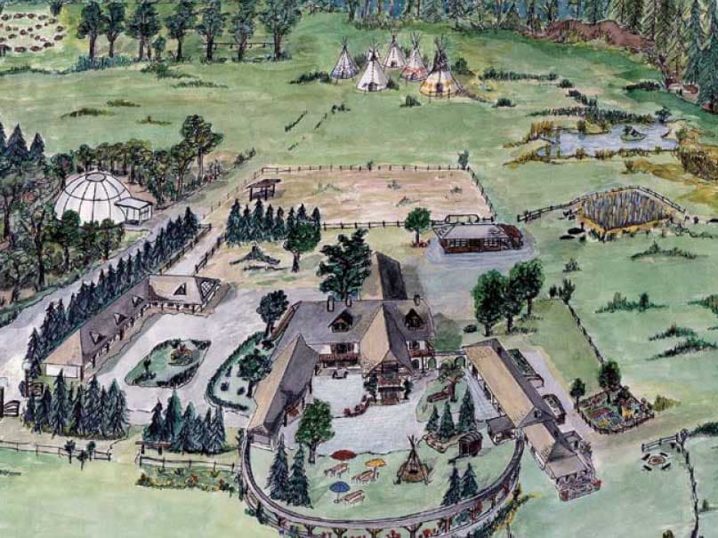 Handgezeichneter Lageplan des Beuerhof-Geländes aus der Vogelperspektive