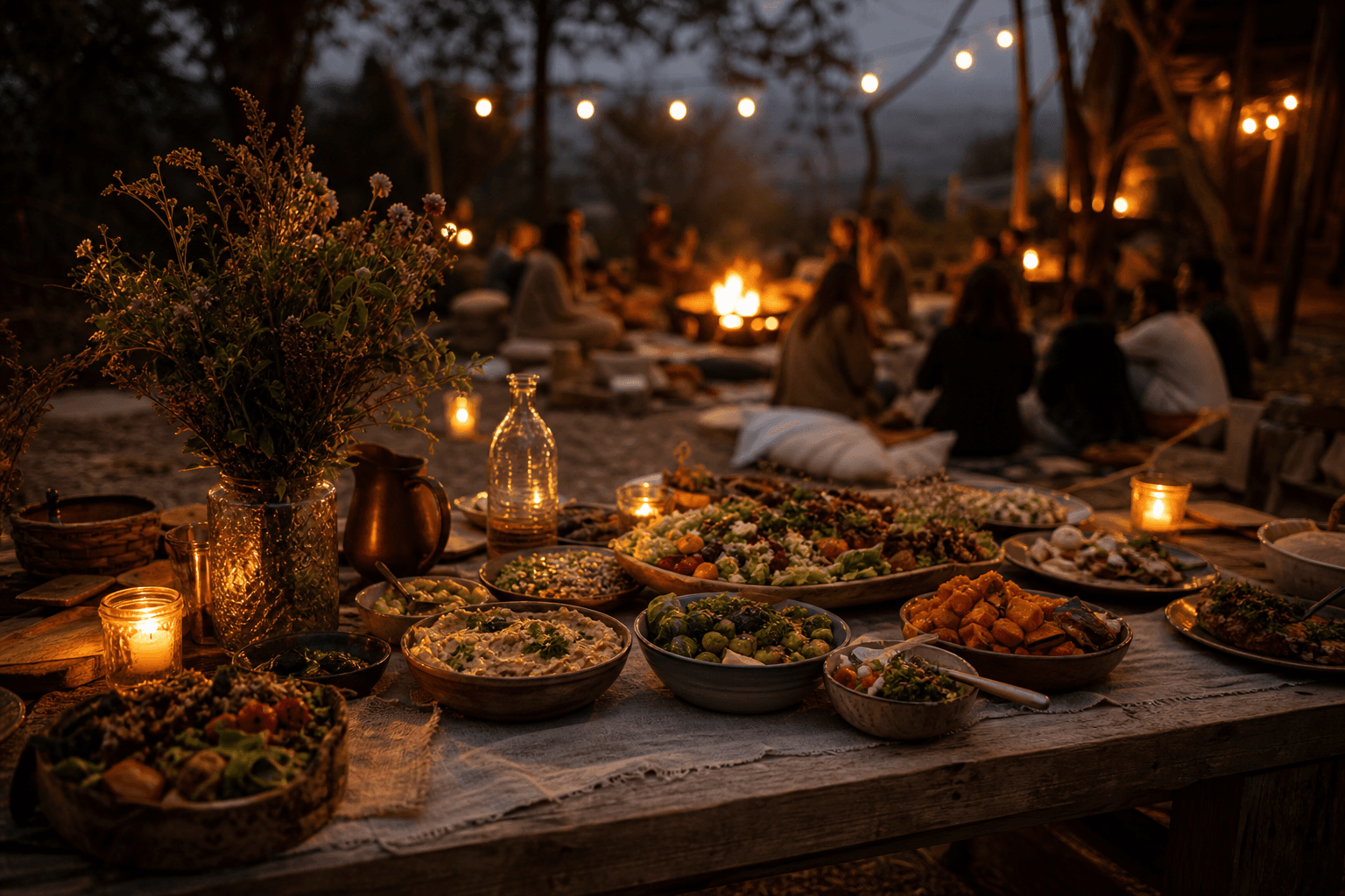 Vegetarisches Abendessen im warmen Kerzen- und Feuerlicht
