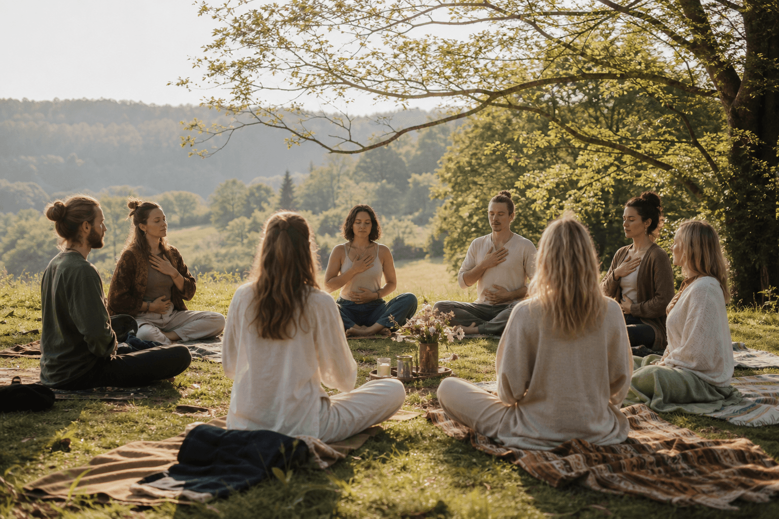 Menschen sitzen in einem ruhigen Breathwork-Kreis auf einer Wiese